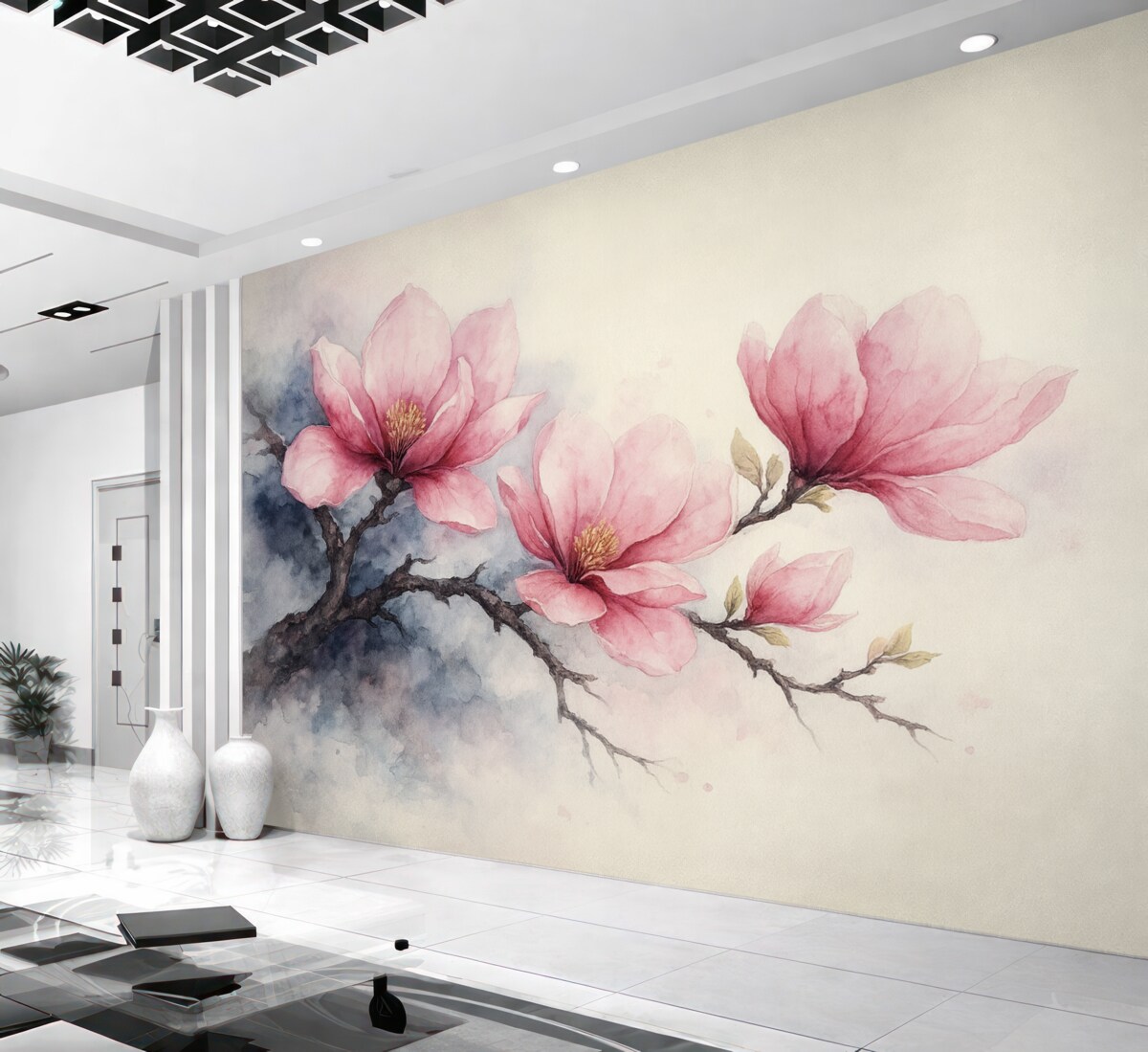 Fototapeta Kwitnąca gałązka różowej magnolii na tle kości słoniowej.