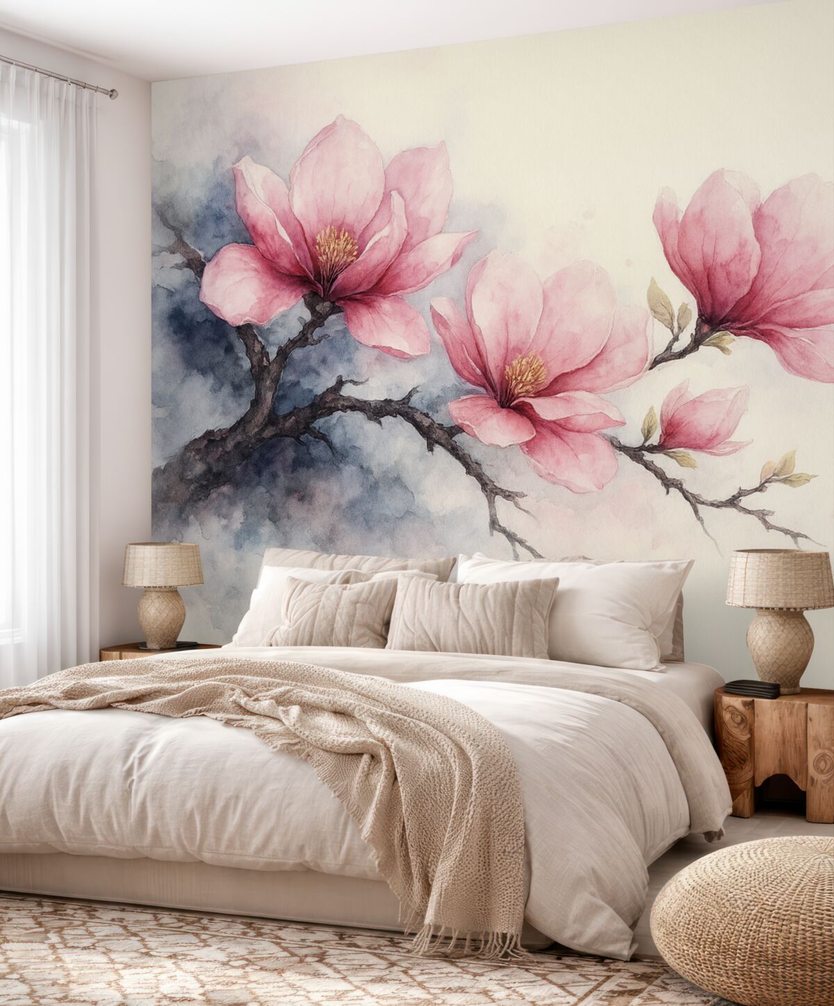 Fototapeta Kwitnąca gałązka różowej magnolii na tle kości słoniowej.