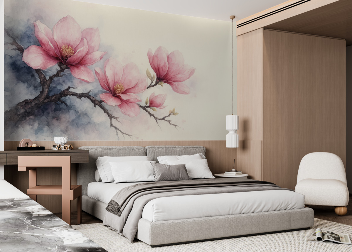 Fototapeta Kwitnąca gałązka różowej magnolii na tle kości słoniowej.