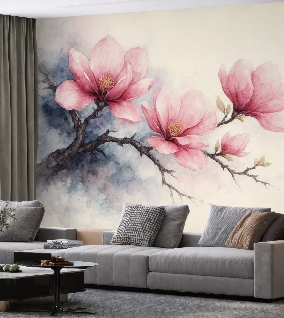 Fototapeta Kwitnąca gałązka różowej magnolii na tle kości słoniowej.