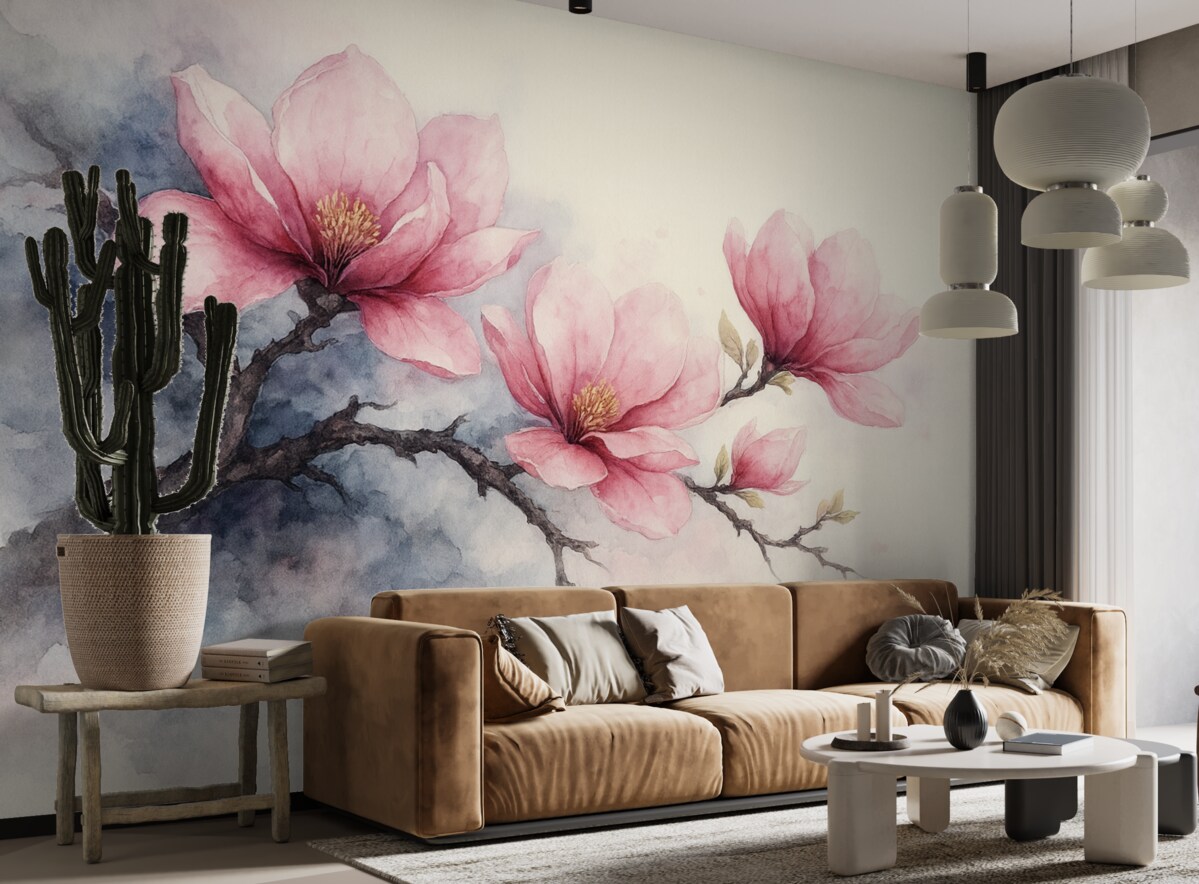 Fototapeta Kwitnąca gałązka różowej magnolii na tle kości słoniowej.