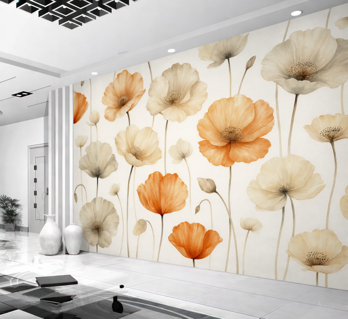 Fototapeta Wzór z kręconymi makami w stylu akwareli.