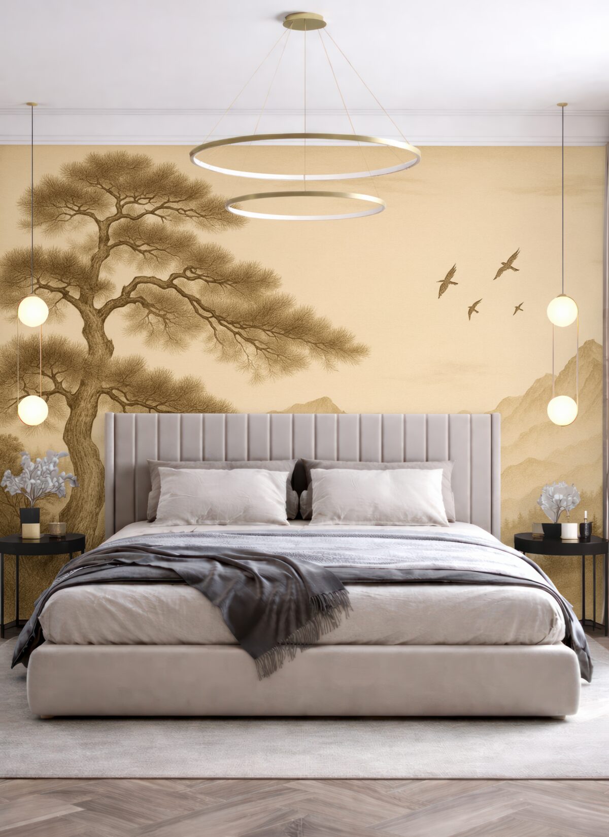 Fototapeta widok wzgórz z dużym drzewem w odcieniach sepii