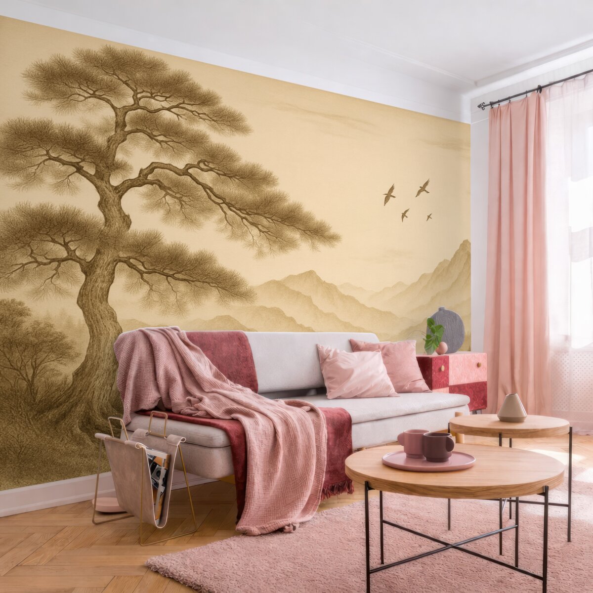 Fototapeta widok wzgórz z dużym drzewem w odcieniach sepii