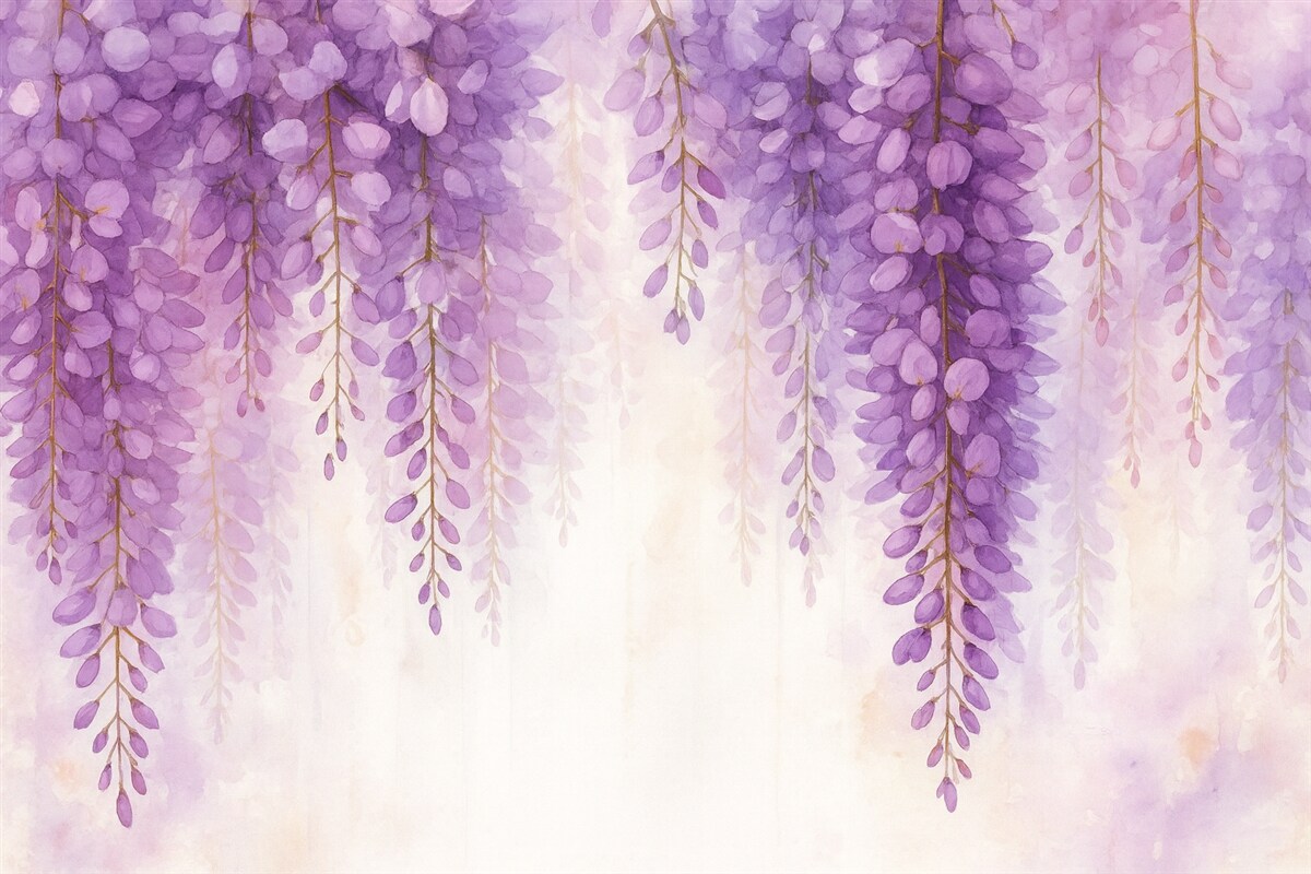Fototapeta Subtelna kompozycja akwarelowa z kaskadową glicynią w pastelowych lawendowych i różowych tonacjach, kreująca relaksujący klimat.