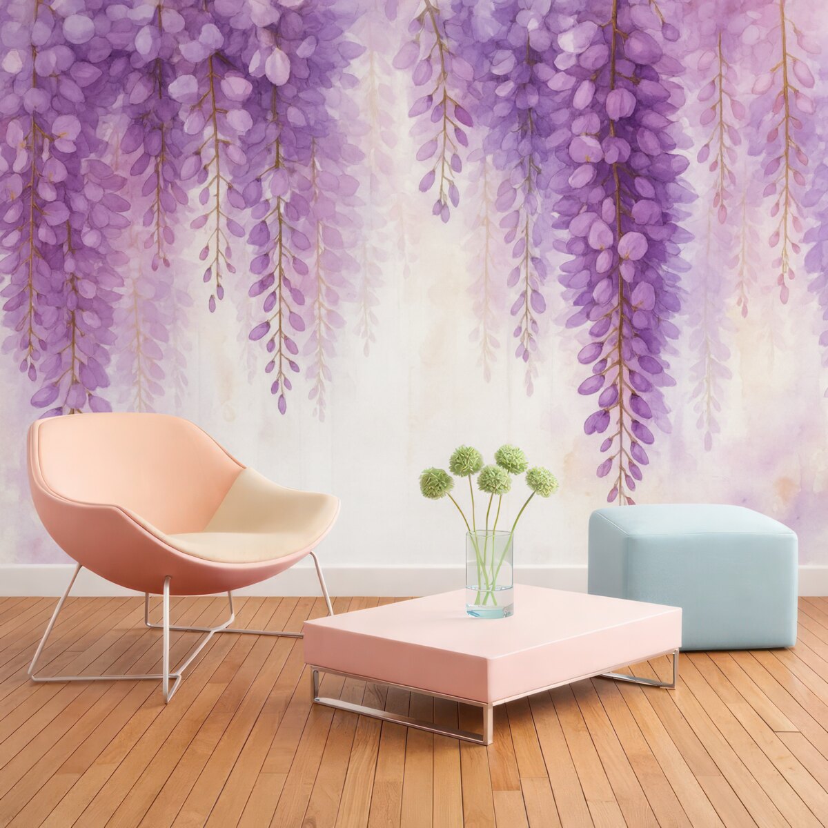 Fototapeta Subtelna kompozycja akwarelowa z kaskadową glicynią w pastelowych lawendowych i różowych tonacjach, kreująca relaksujący klimat.