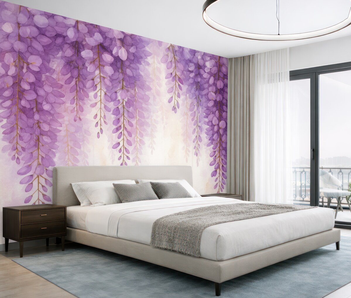 Fototapeta Subtelna kompozycja akwarelowa z kaskadową glicynią w pastelowych lawendowych i różowych tonacjach, kreująca relaksujący klimat.