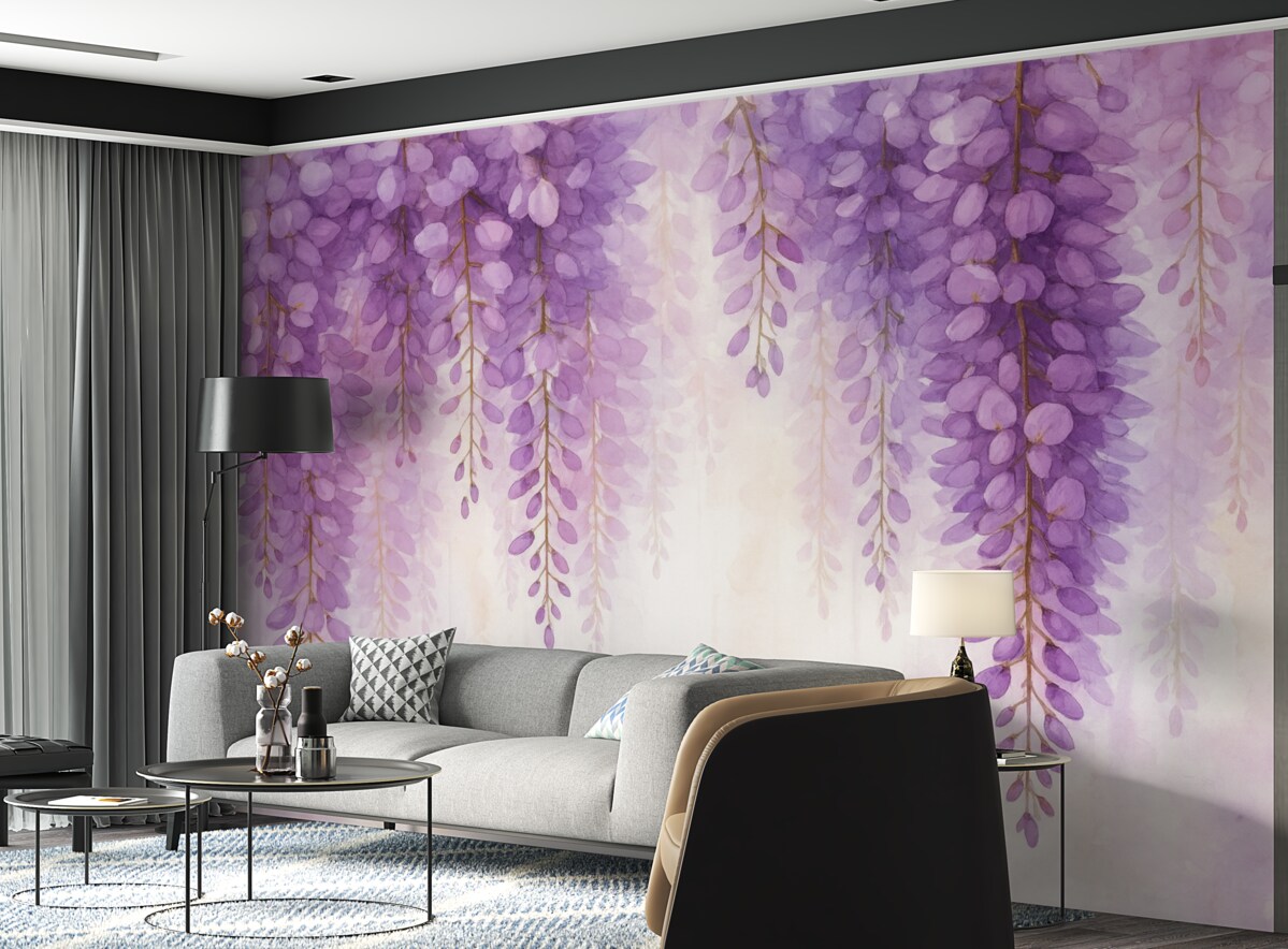 Fototapeta Subtelna kompozycja akwarelowa z kaskadową glicynią w pastelowych lawendowych i różowych tonacjach, kreująca relaksujący klimat.