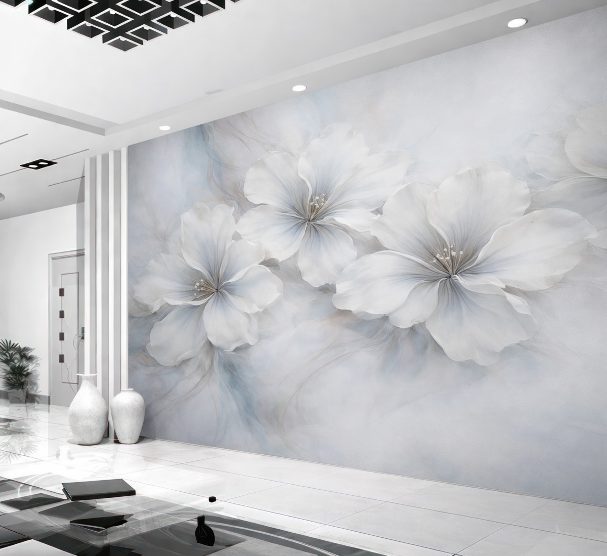 Fototapeta Obraz olejny przedstawiający kwiaty na błękitnym tle.