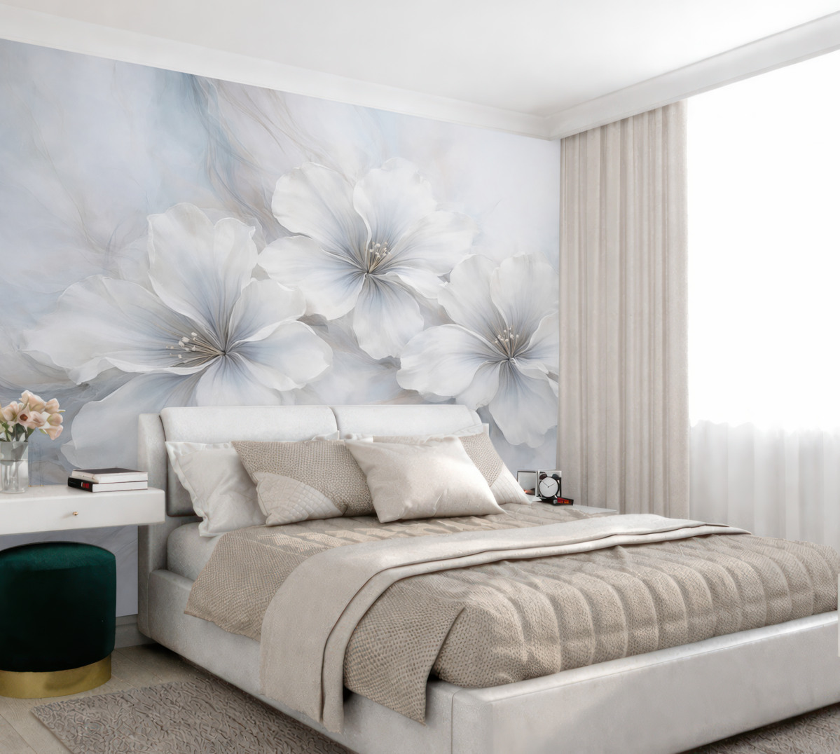 Fototapeta Obraz olejny przedstawiający kwiaty na błękitnym tle.