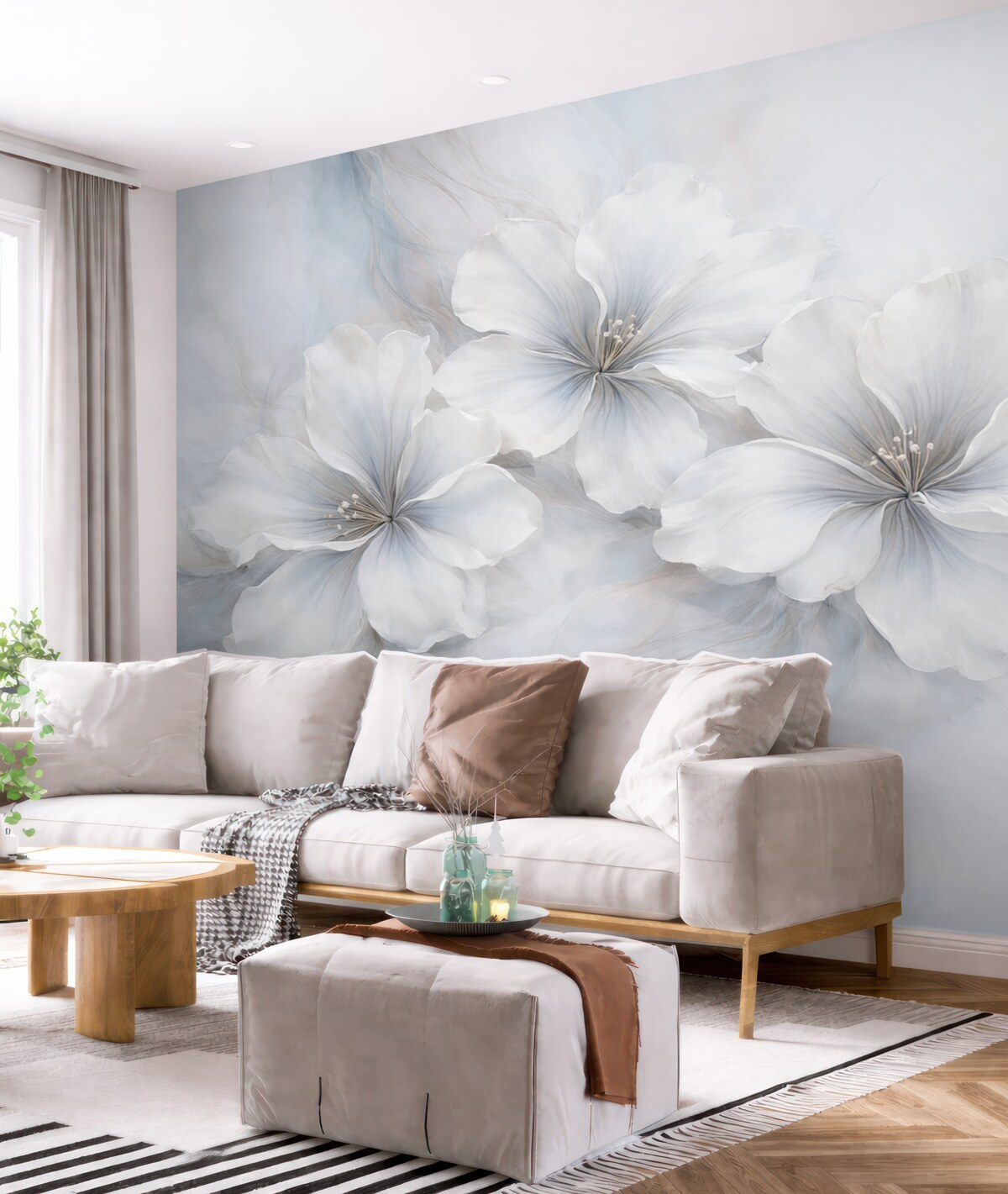 Fototapeta Obraz olejny przedstawiający kwiaty na błękitnym tle.