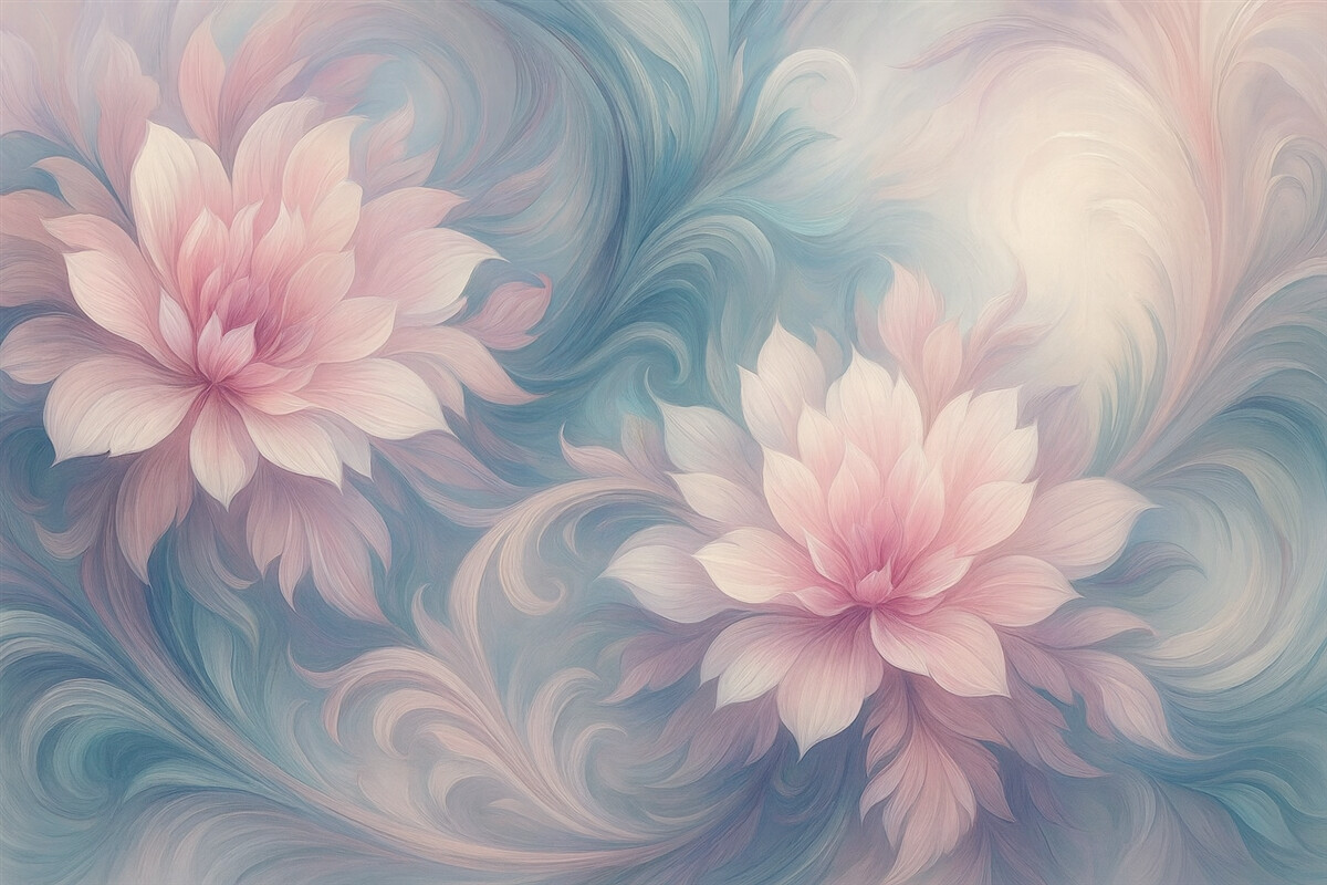 Fototapeta Kwiaty oraz liście w odcieniach różowym i niebieskim.