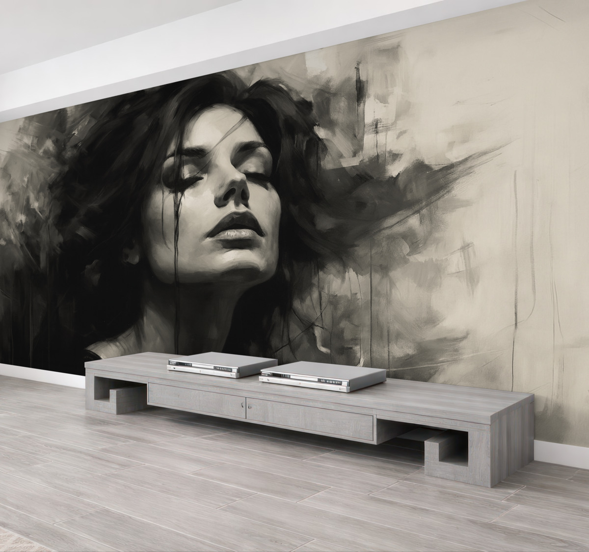 Fototapeta Portret damy w szarych i czarnych odzieżach.