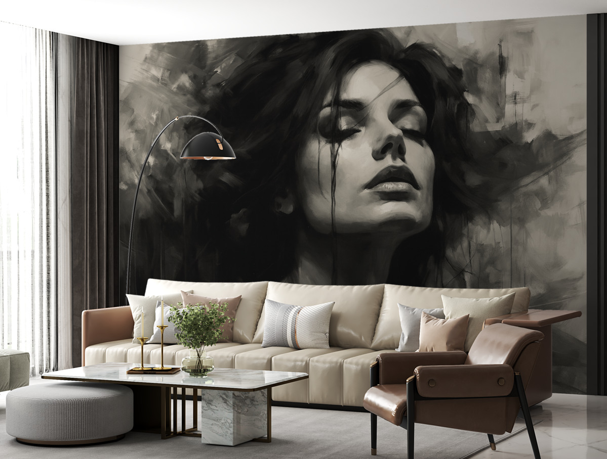 Fototapeta Portret damy w szarych i czarnych odzieżach.