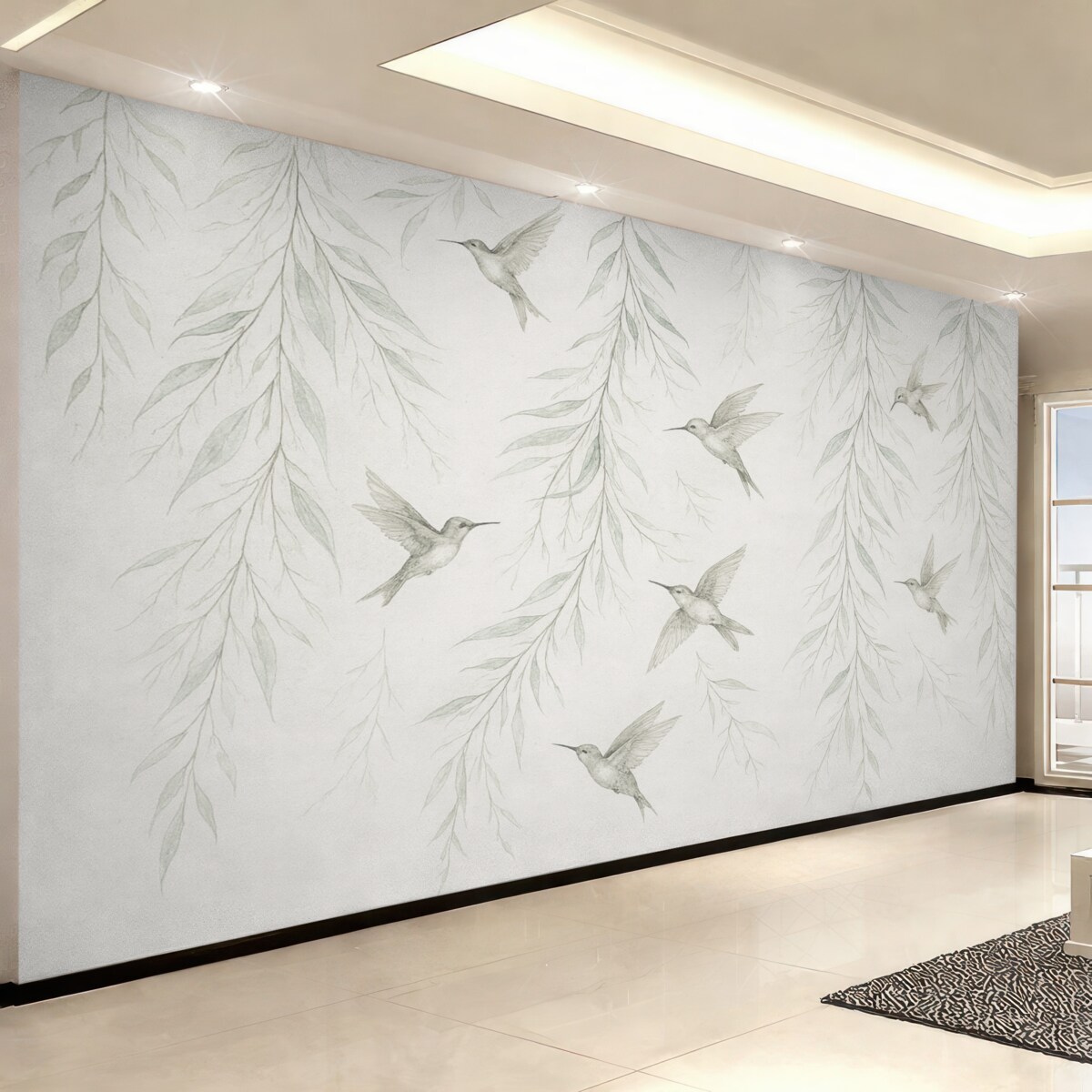 Fototapeta Odwisające gałązki z zielonymi liśćmi oraz ptaki.