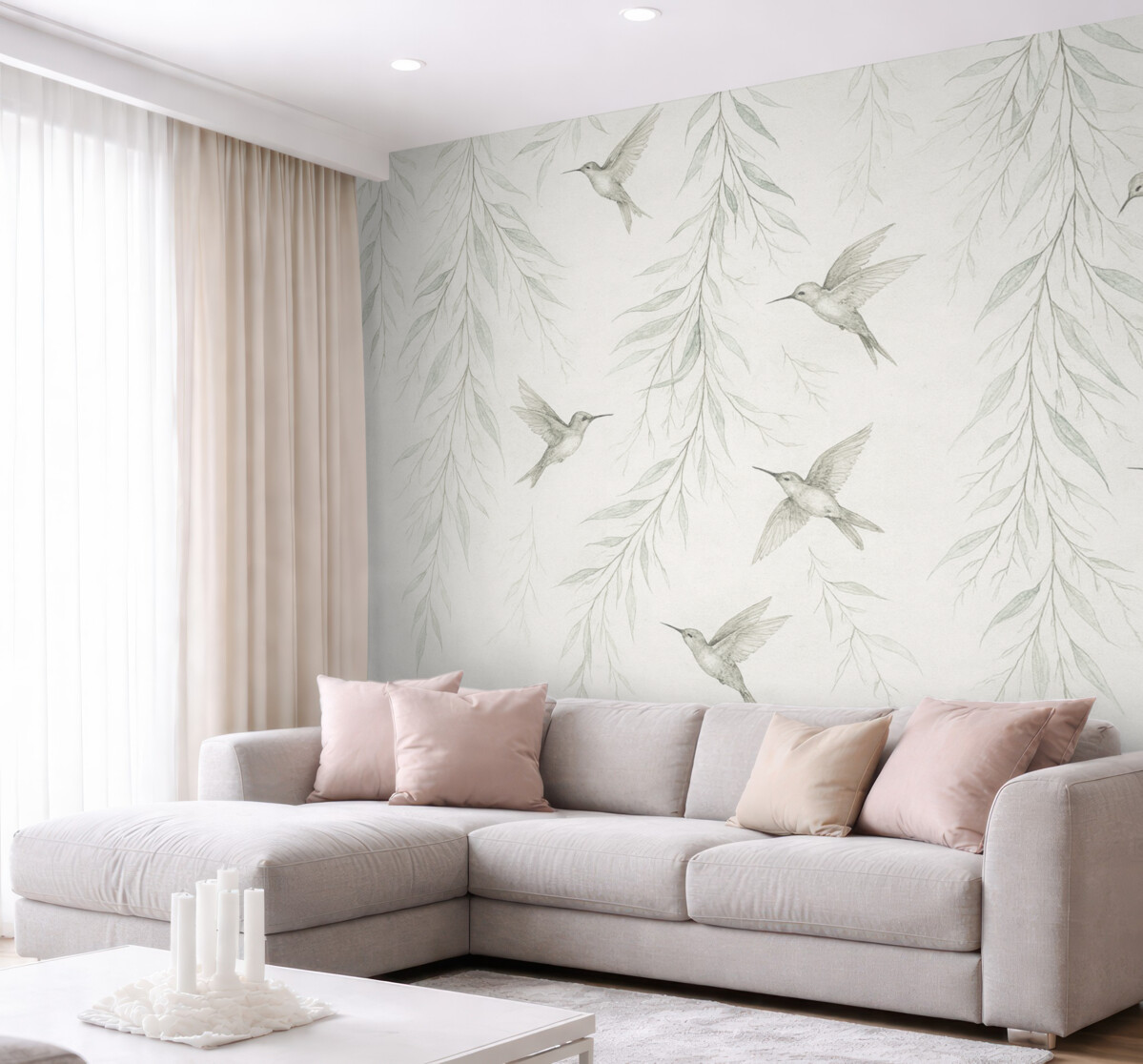 Fototapeta Odwisające gałązki z zielonymi liśćmi oraz ptaki.