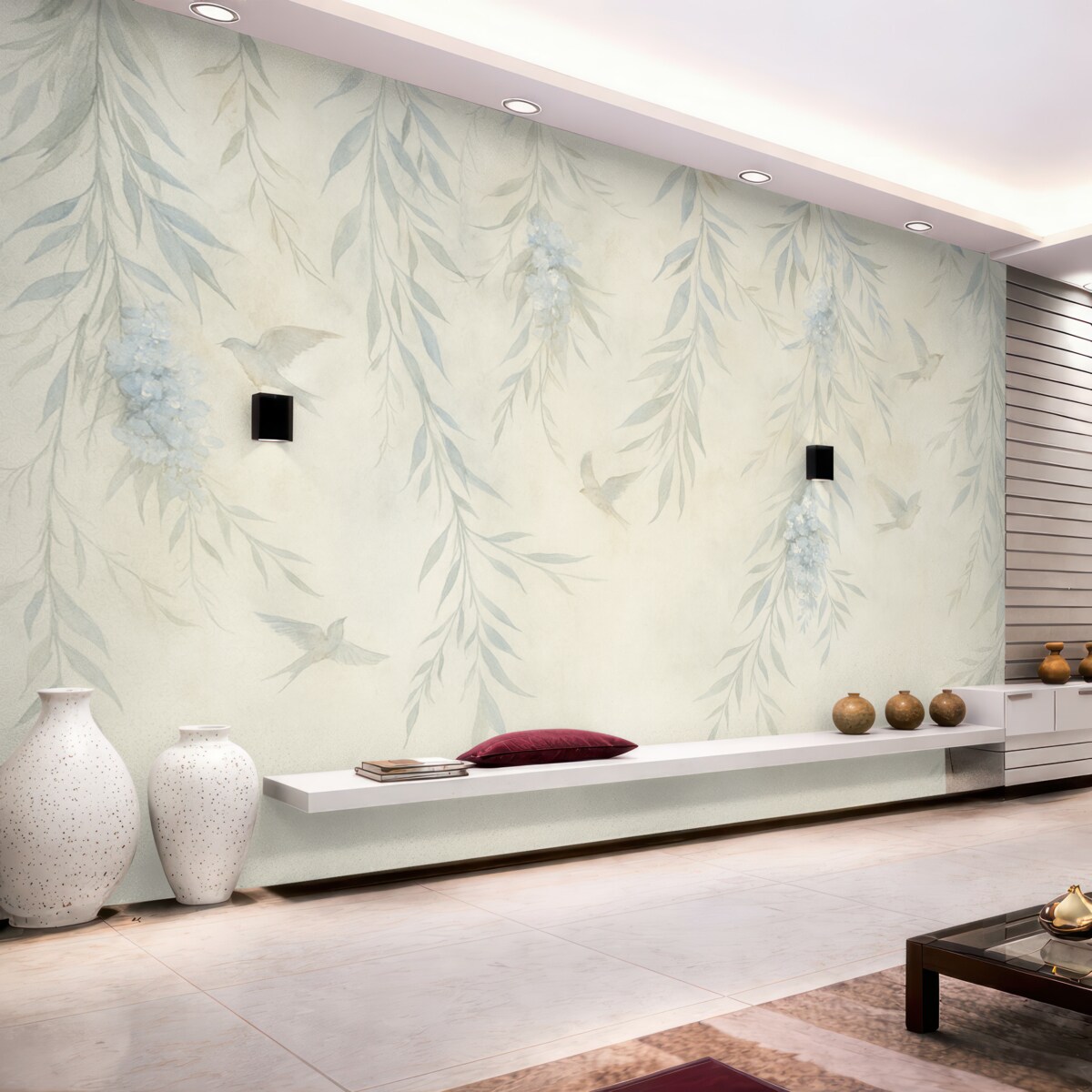 Fototapeta Gałęzie z opadającymi liśćmi i ptakami.