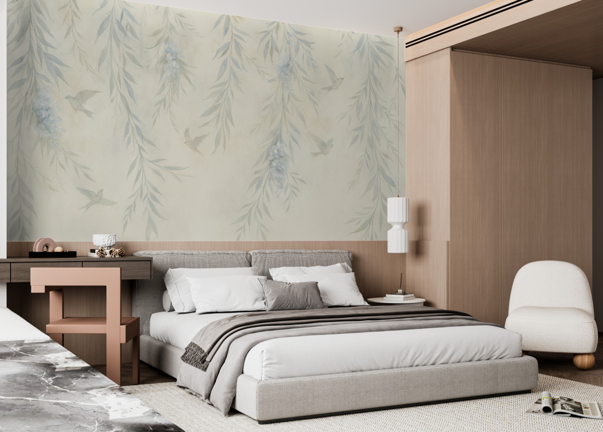 Fototapeta Gałęzie z opadającymi liśćmi i ptakami.