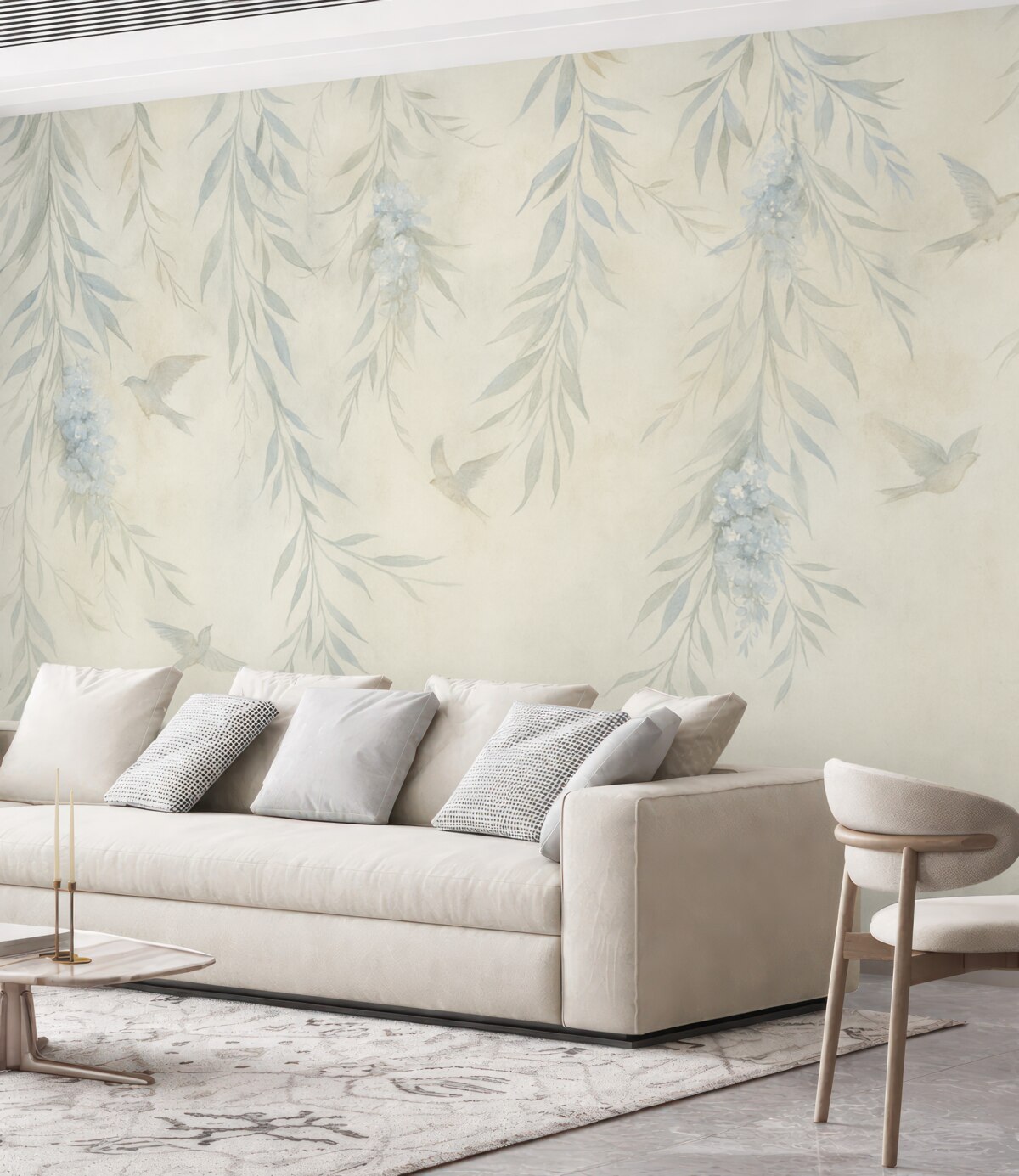 Fototapeta Gałęzie z opadającymi liśćmi i ptakami.