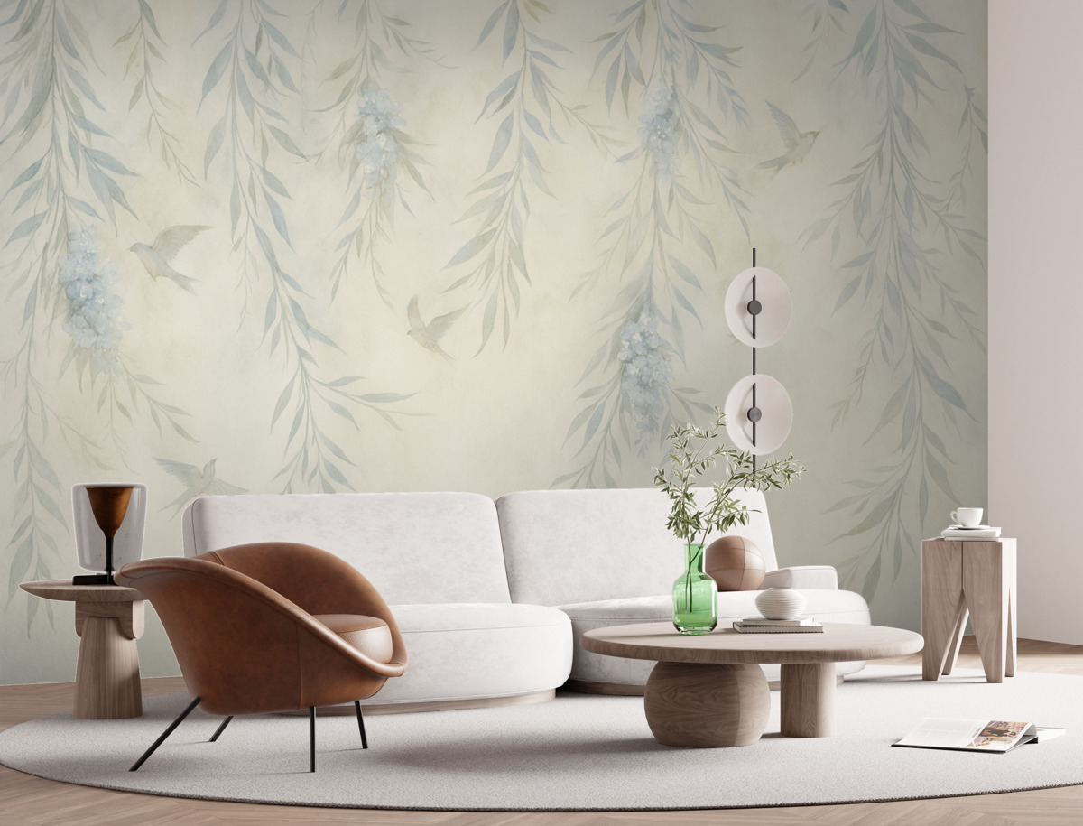 Fototapeta Gałęzie z opadającymi liśćmi i ptakami.