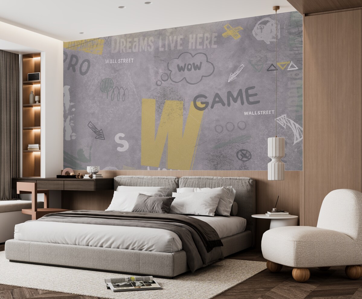 Fototapeta Nowa koncepcja w stylu street art z żółtymi literami na tle betonowej ściany.