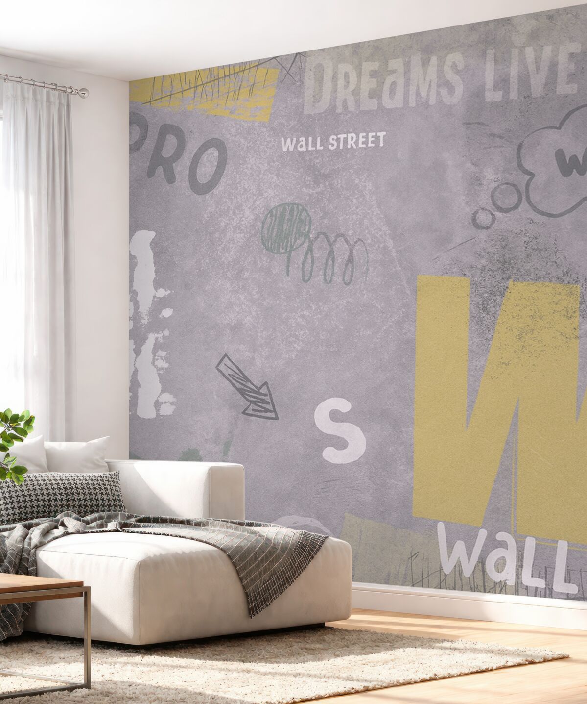 Fototapeta Nowa koncepcja w stylu street art z żółtymi literami na tle betonowej ściany.