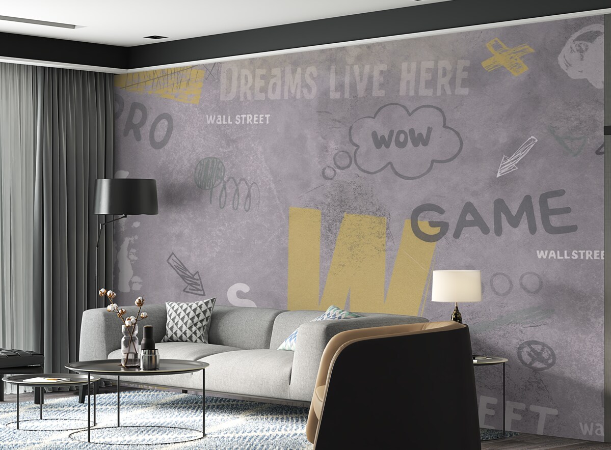 Fototapeta Nowa koncepcja w stylu street art z żółtymi literami na tle betonowej ściany.