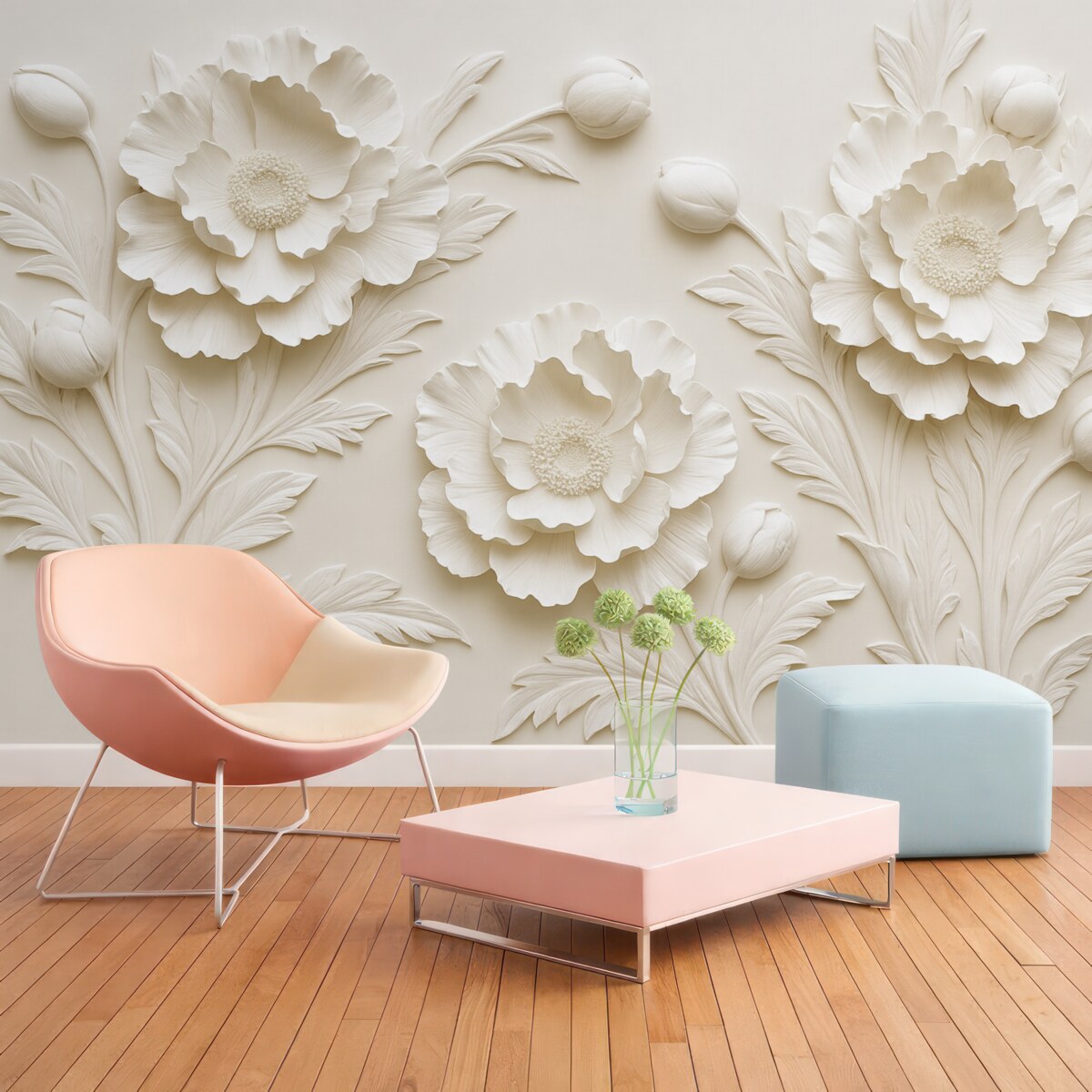 Fototapeta Kwiaty w formie płaskorzeźby w delikatnych odcieniach.