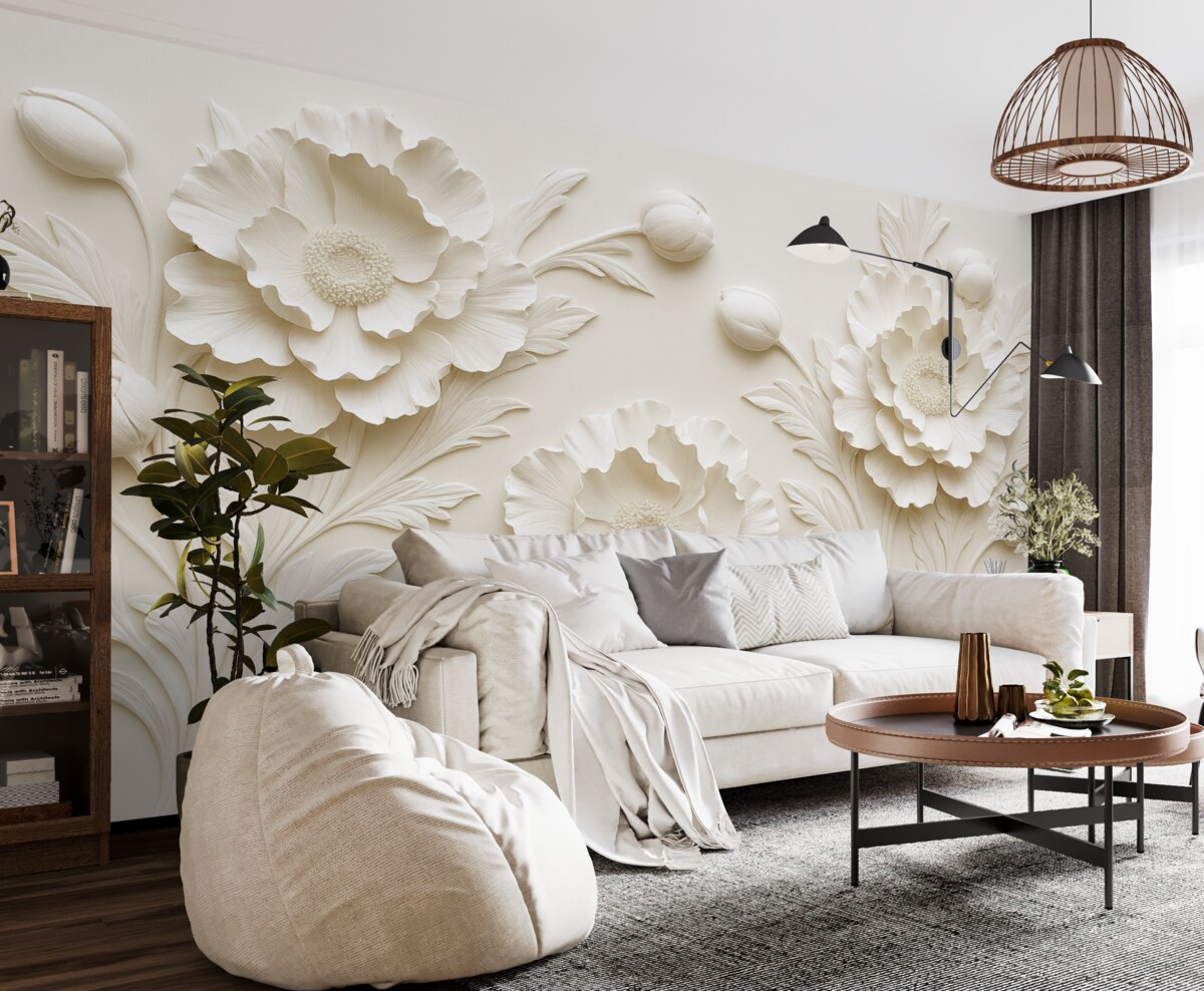 Fototapeta Kwiaty w formie płaskorzeźby w delikatnych odcieniach.