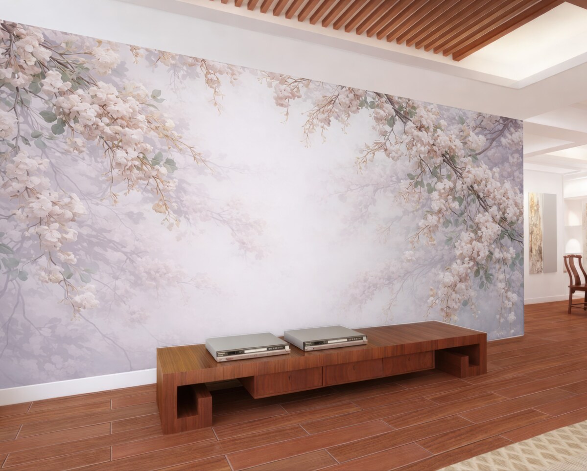 Fototapeta Gałęzie drzewa w rozkwicie w mgle.