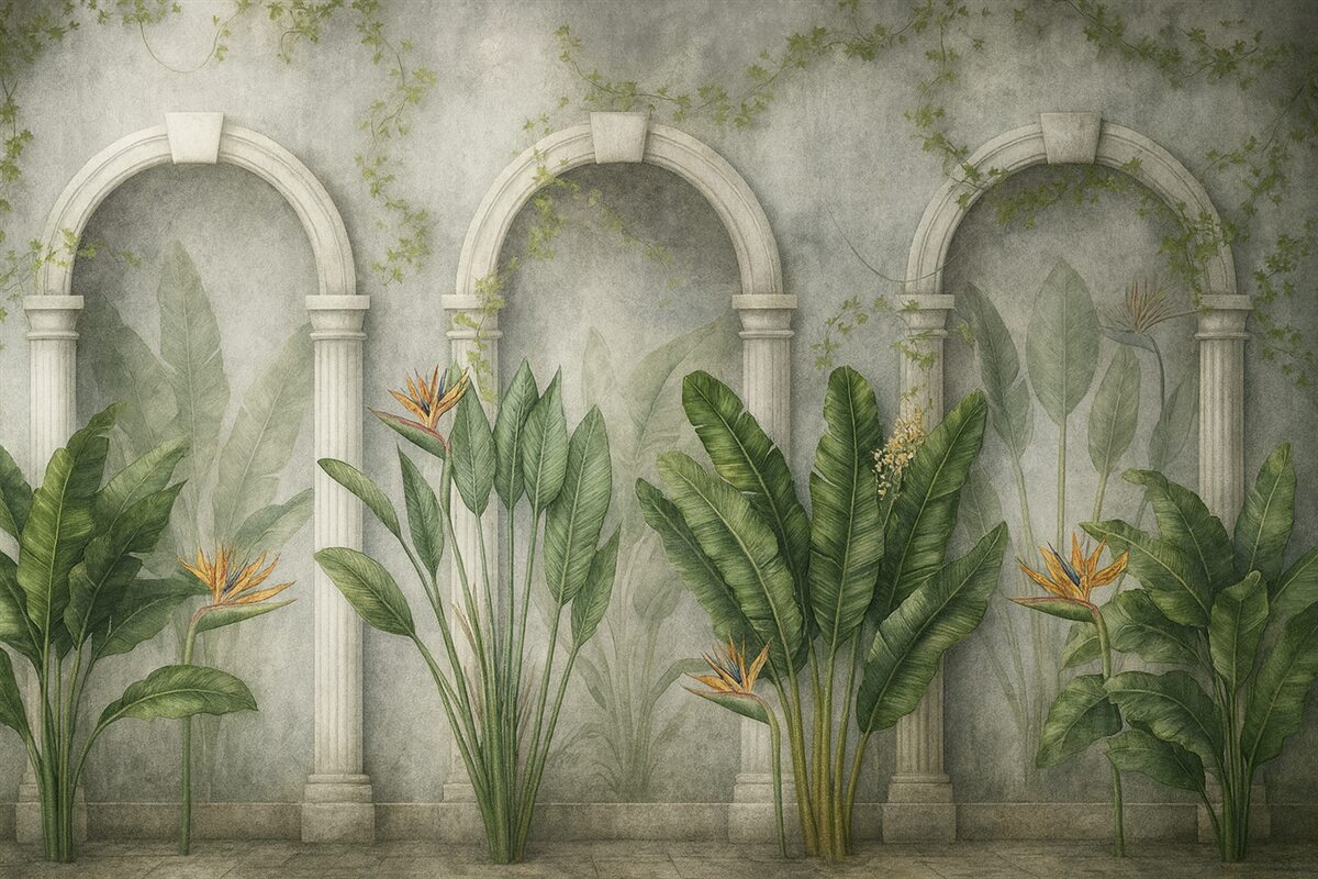 Fototapeta Betonowa ściana z łukami oraz tropikalnymi roślinami, kwiatowe, naturalne odcienie.