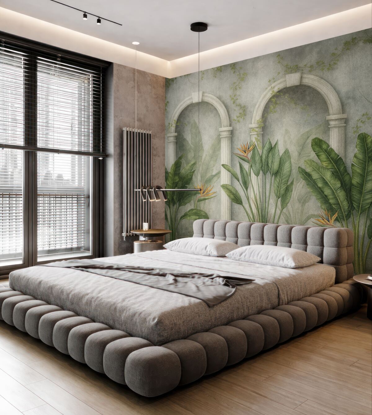 Fototapeta Betonowa ściana z łukami oraz tropikalnymi roślinami, kwiatowe, naturalne odcienie.