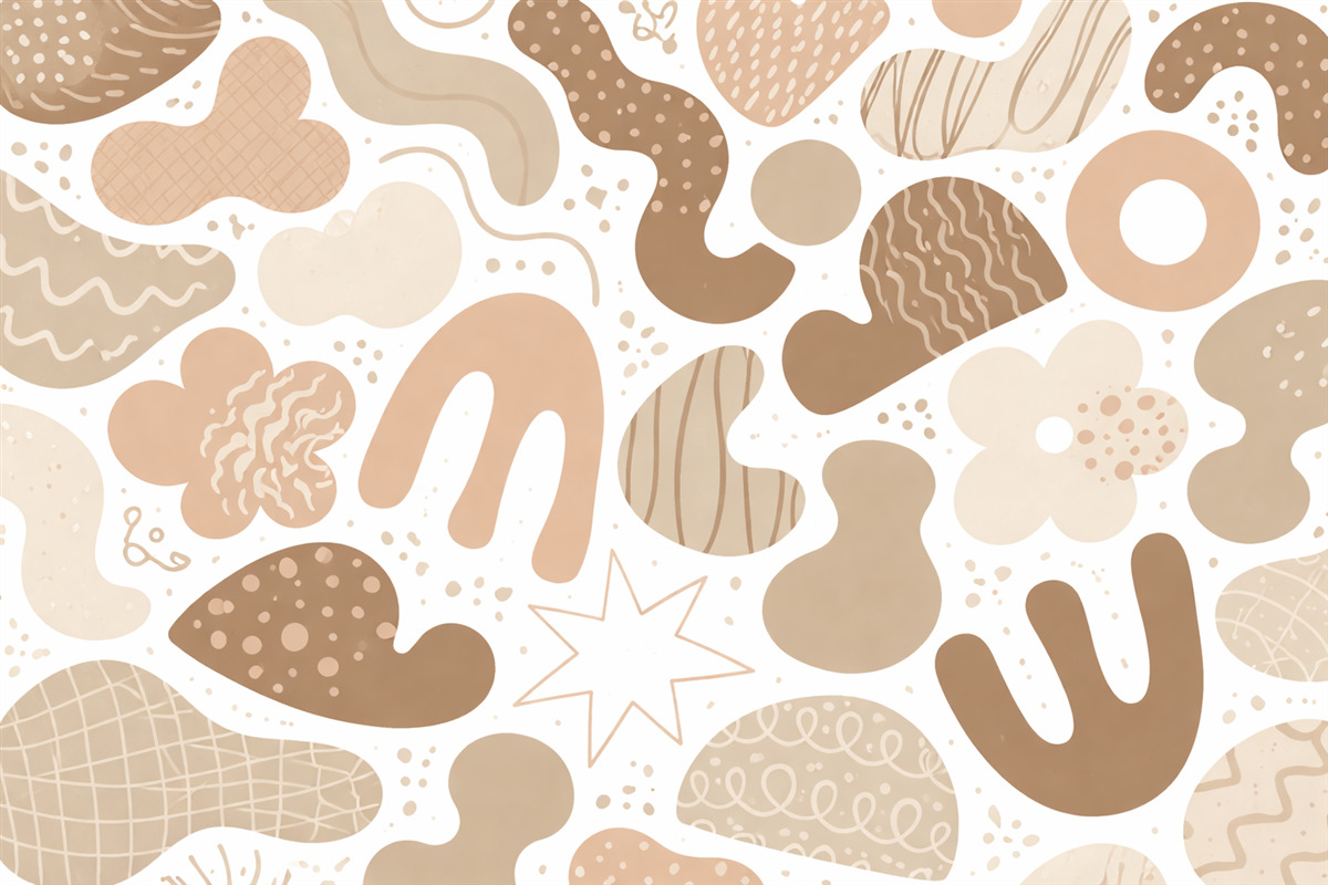 Fototapeta Geometryczne kształty z obrazkami szkiców, młodzieżowa, beżowa gama kolorystyczna.