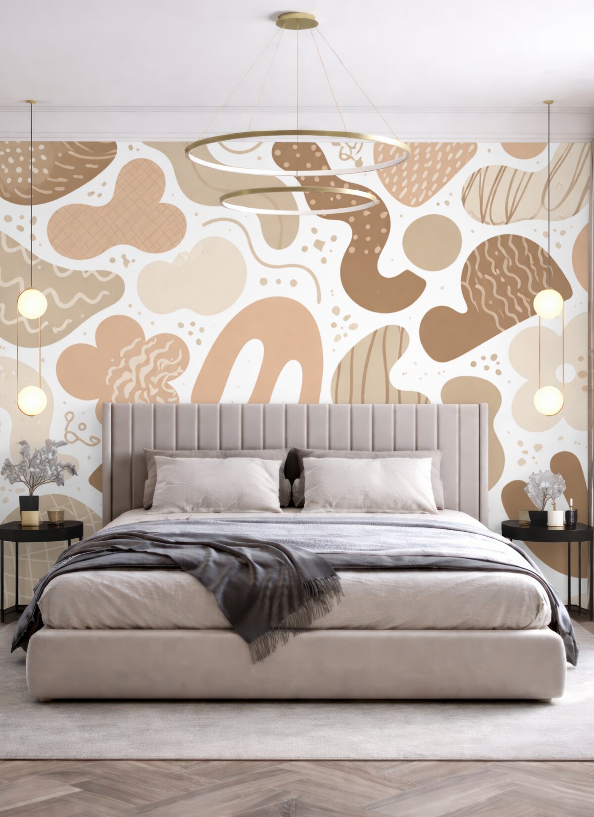 Fototapeta Geometryczne kształty z obrazkami szkiców, młodzieżowa, beżowa gama kolorystyczna.