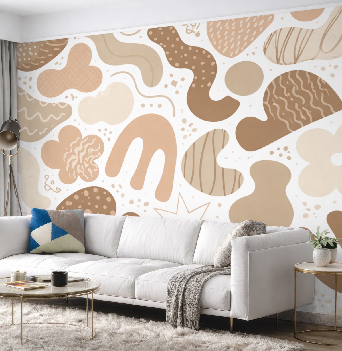 Fototapeta Geometryczne kształty z obrazkami szkiców, młodzieżowa, beżowa gama kolorystyczna.