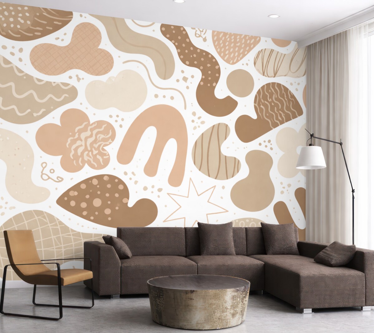 Fototapeta Geometryczne kształty z obrazkami szkiców, młodzieżowa, beżowa gama kolorystyczna.