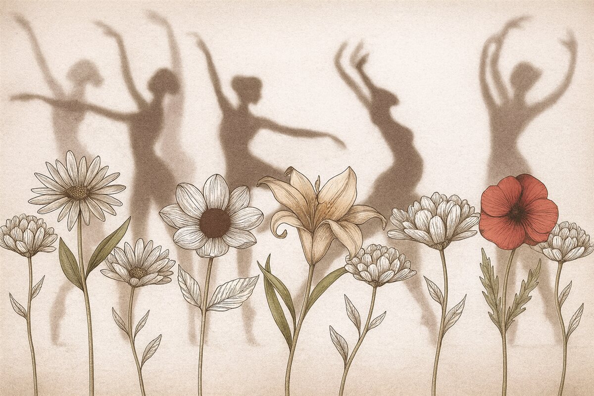 Fototapeta Baletnice w sylwetkach, wiejskie kwiaty, rysunek liniowy, odcienie czerwieni i beżu.