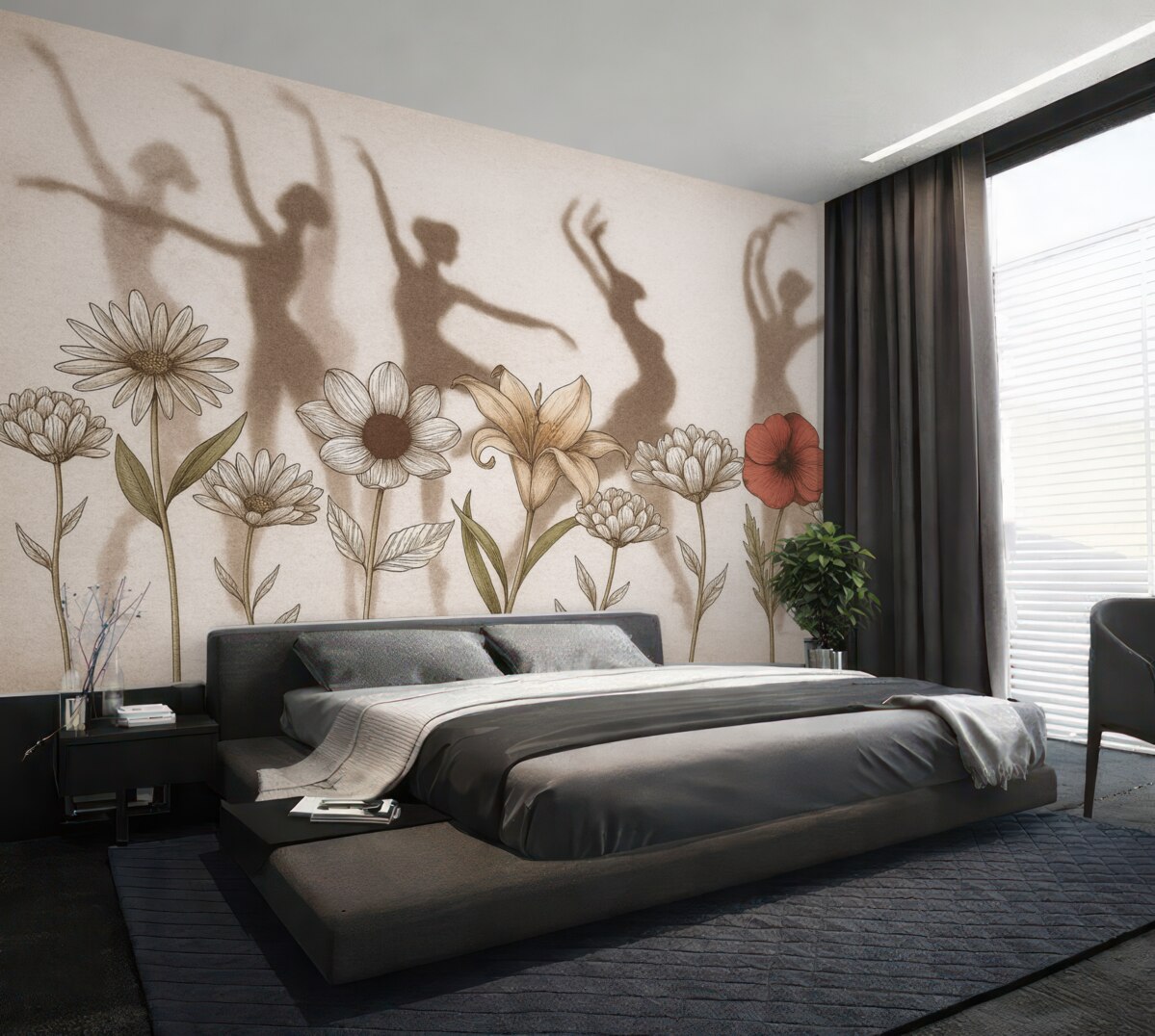 Fototapeta Baletnice w sylwetkach, wiejskie kwiaty, rysunek liniowy, odcienie czerwieni i beżu.