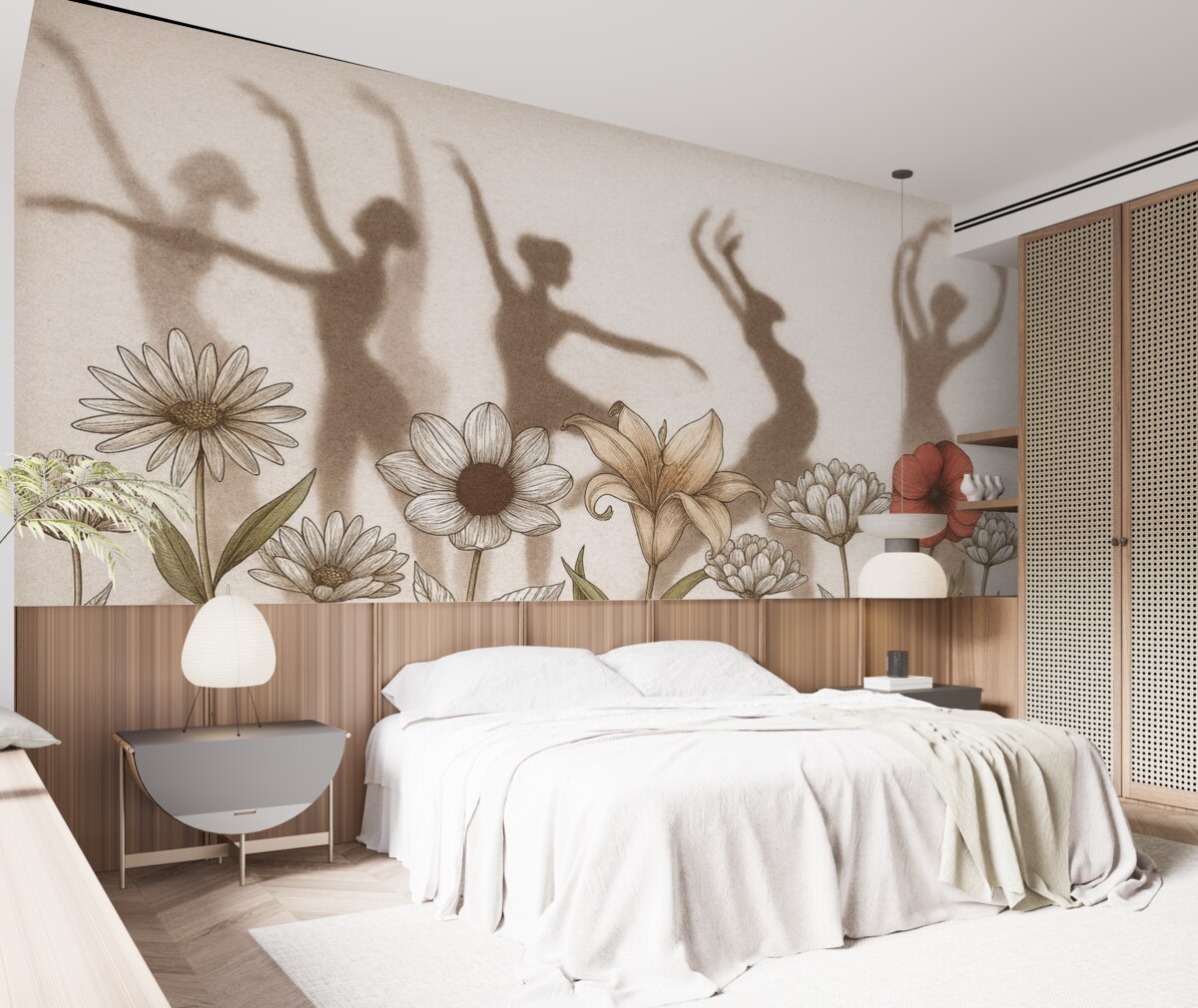 Fototapeta Baletnice w sylwetkach, wiejskie kwiaty, rysunek liniowy, odcienie czerwieni i beżu.