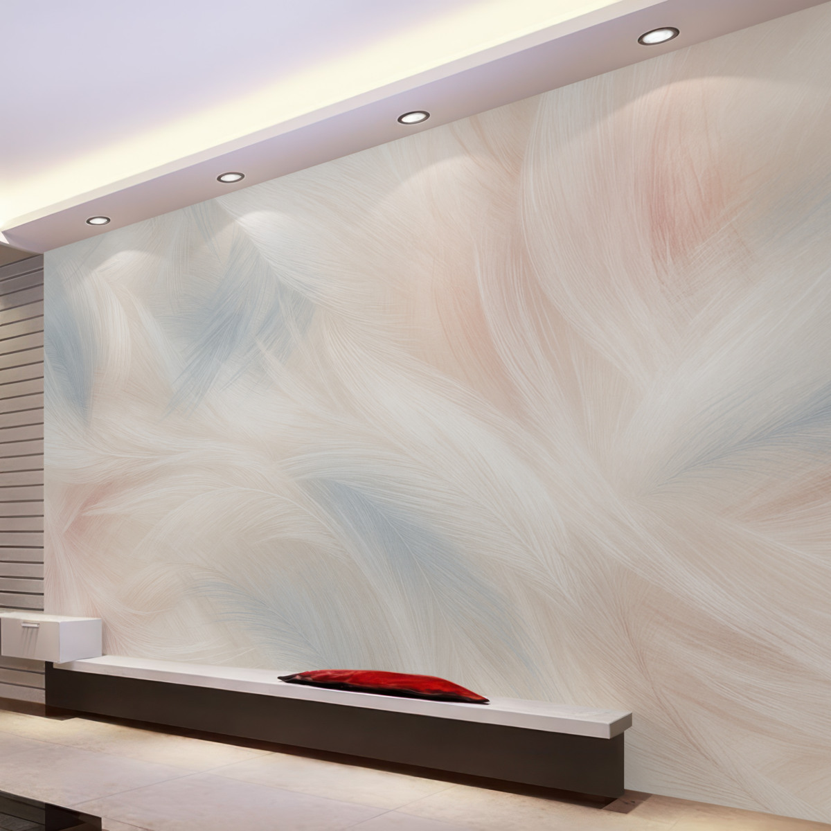 Fototapeta Lekko unoszące się pióra w tonacjach różu i błękitu.