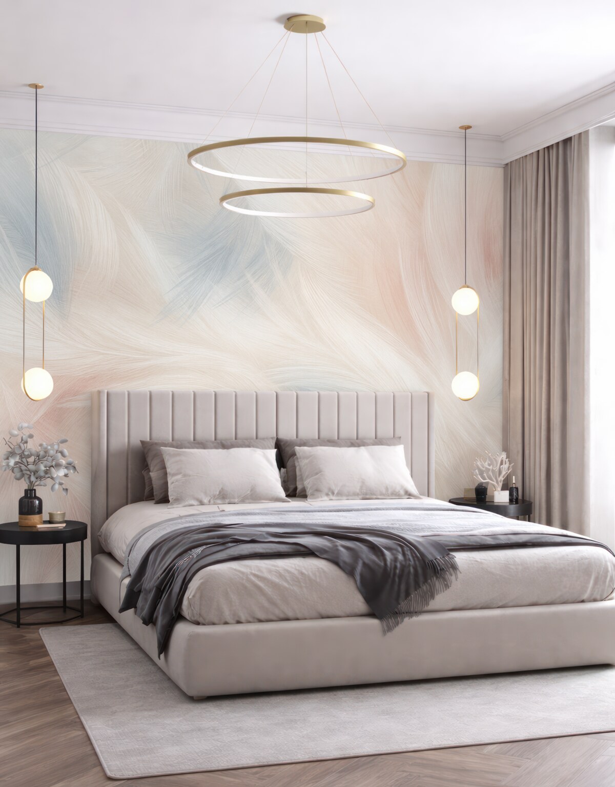 Fototapeta Lekko unoszące się pióra w tonacjach różu i błękitu.