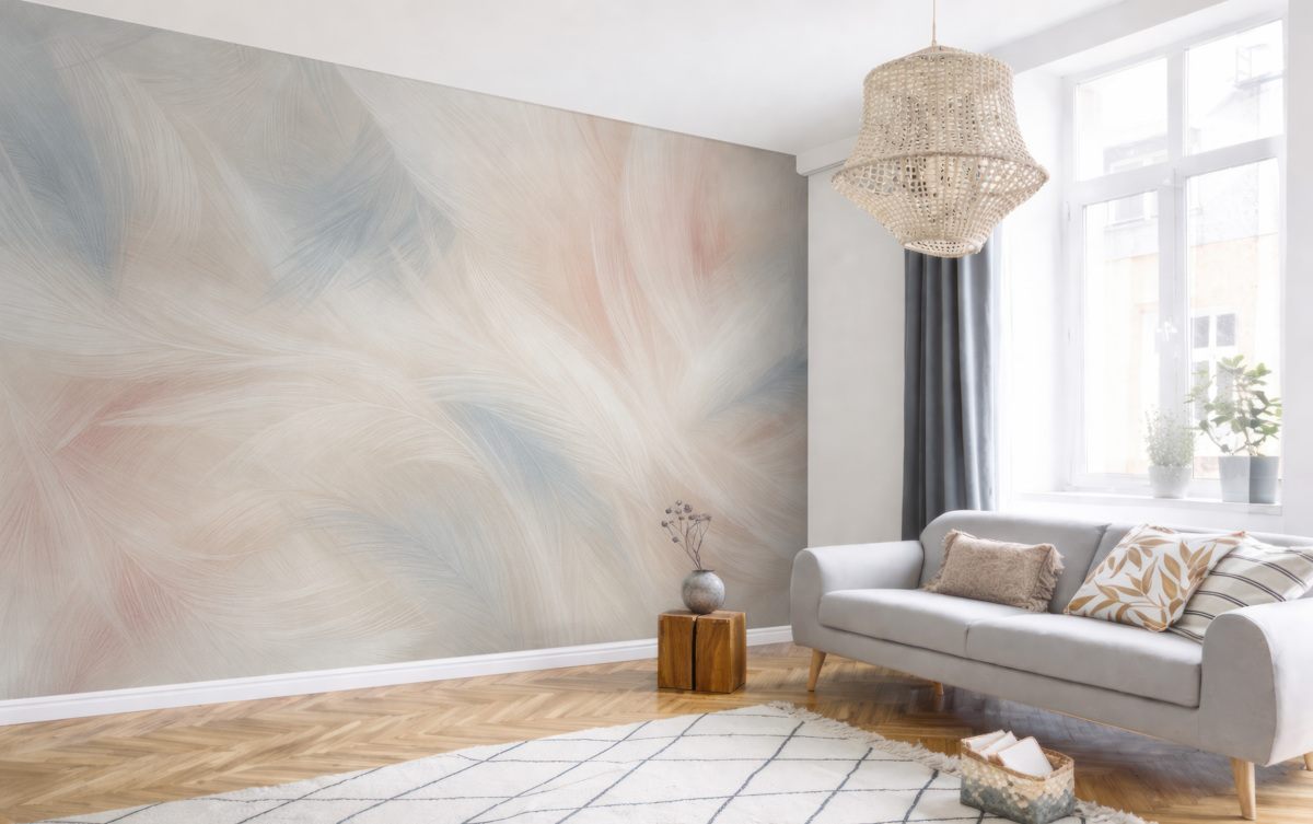 Fototapeta Lekko unoszące się pióra w tonacjach różu i błękitu.