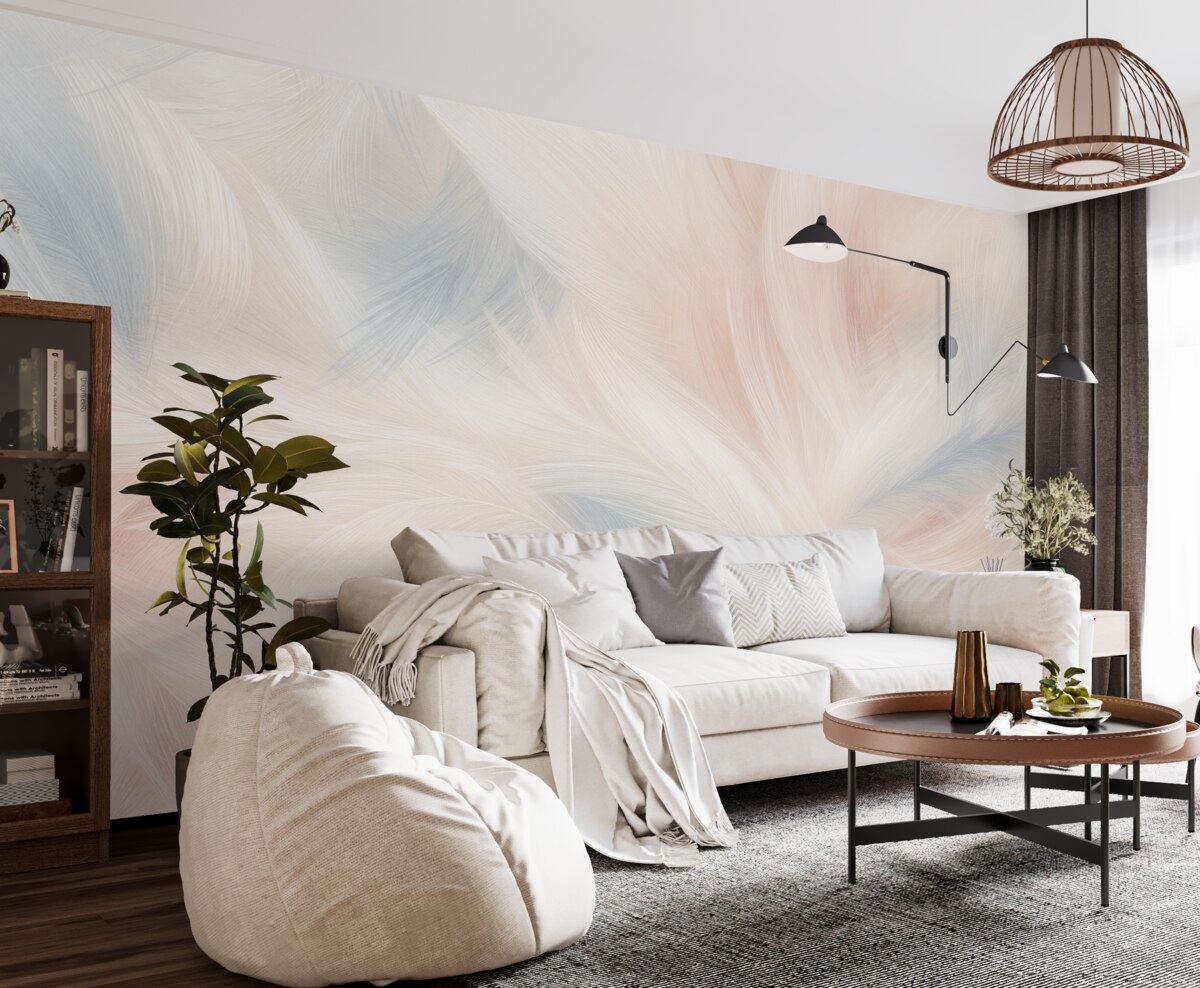 Fototapeta Lekko unoszące się pióra w tonacjach różu i błękitu.