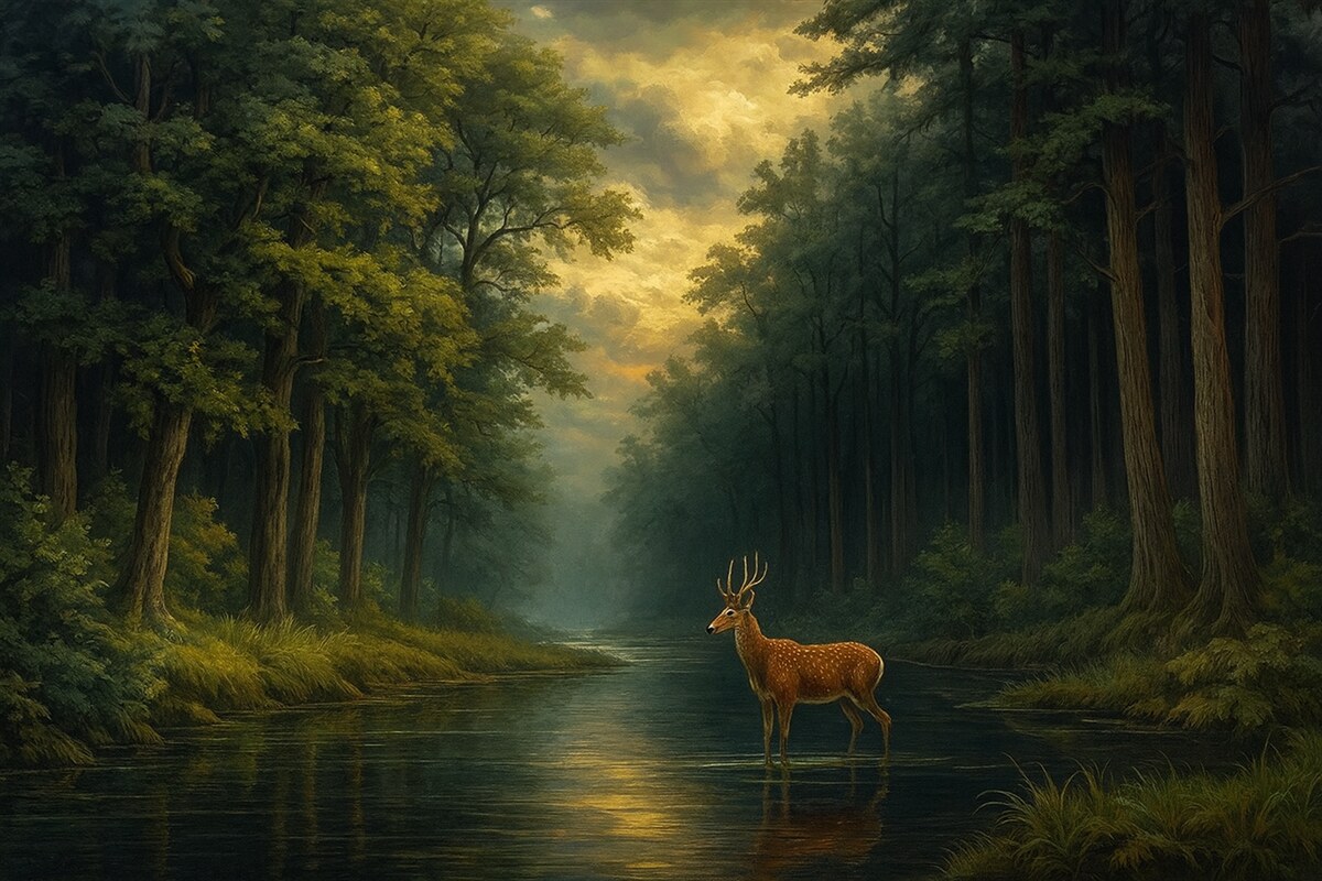 Fototapeta Las z łosiem i strumieniem w stylu holenderskiego malarstwa olejowego.