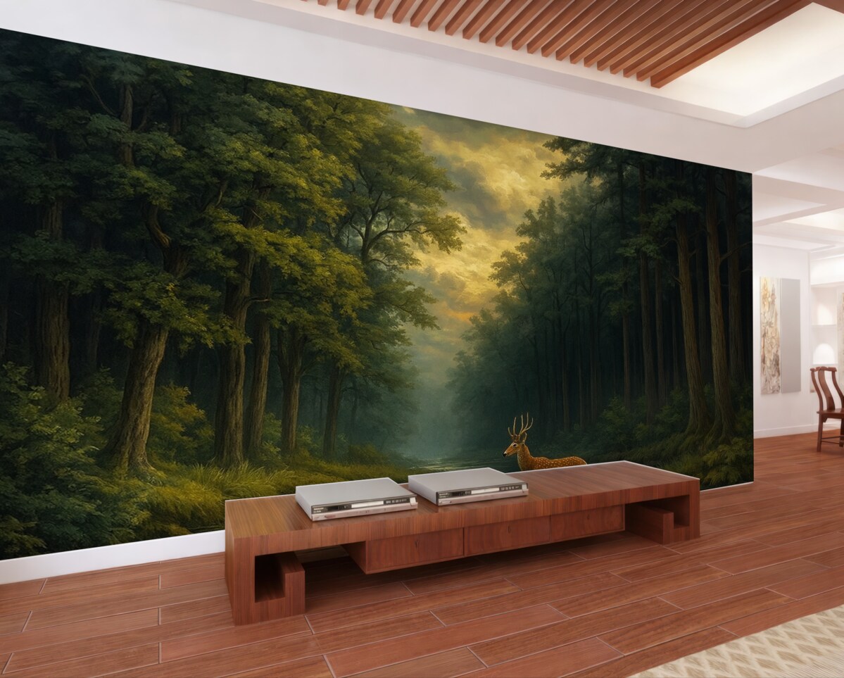 Fototapeta Las z łosiem i strumieniem w stylu holenderskiego malarstwa olejowego.