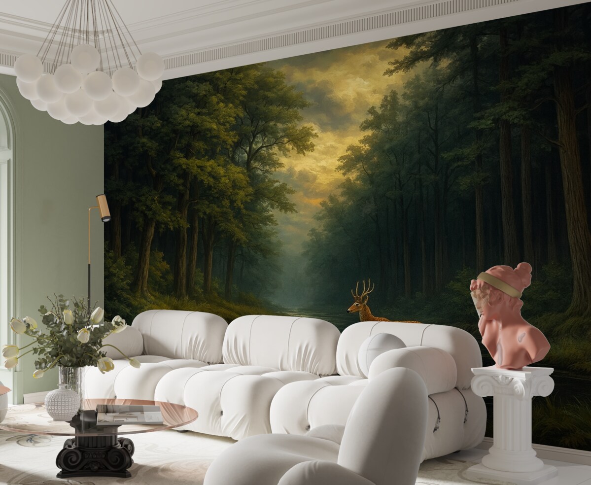 Fototapeta Las z łosiem i strumieniem w stylu holenderskiego malarstwa olejowego.