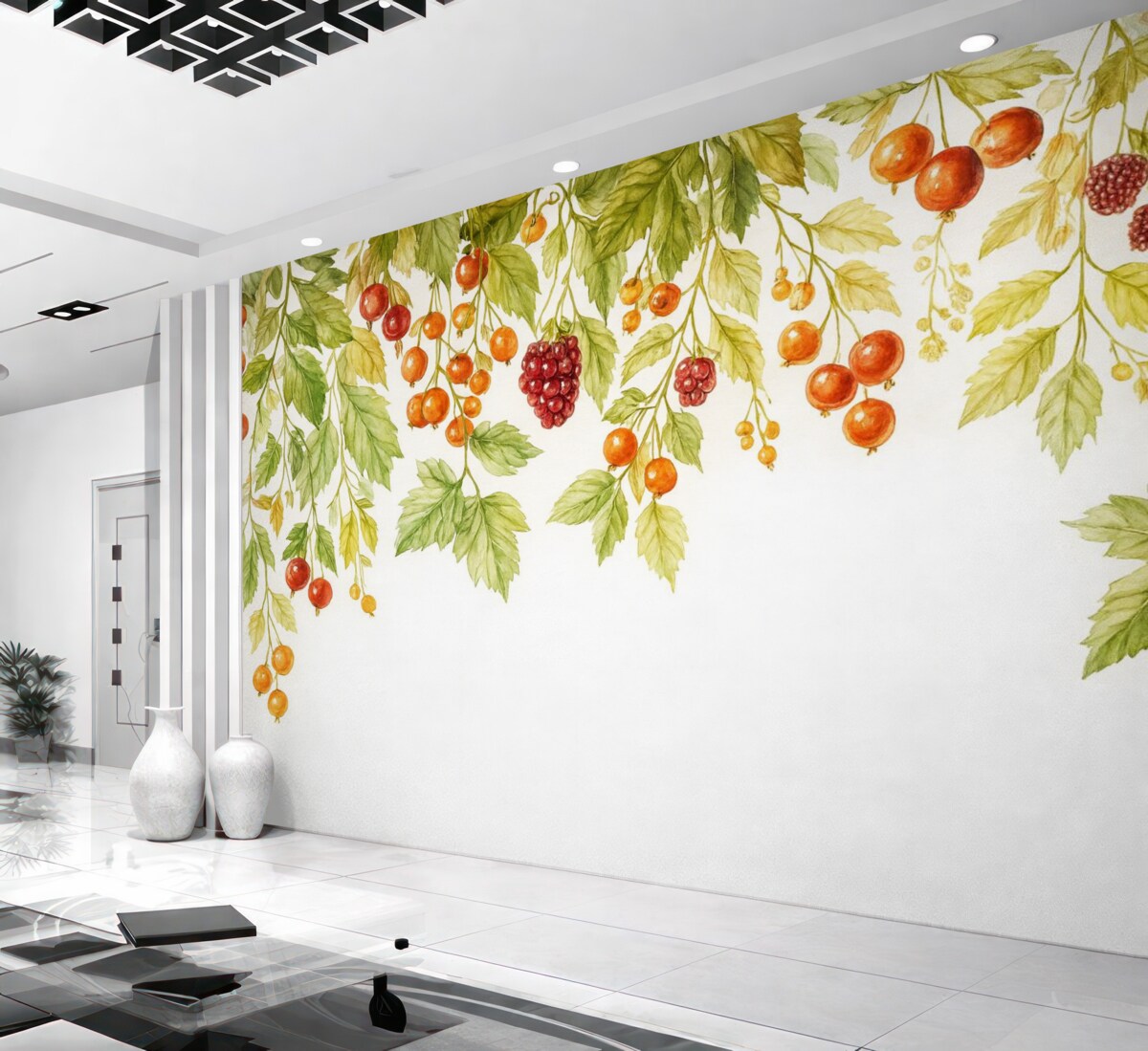 Fototapeta Kiście porzeczek opadające z góry w formie akwareli na jasnym tle.