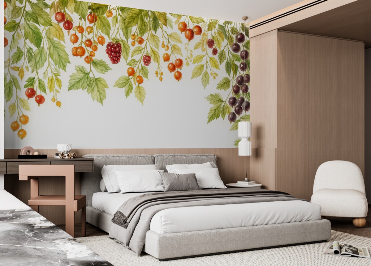 Fototapeta Kiście porzeczek opadające z góry w formie akwareli na jasnym tle.