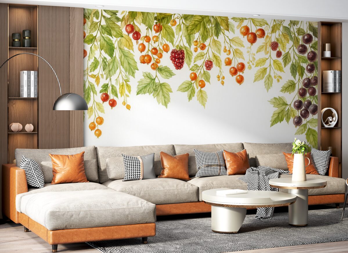 Fototapeta Kiście porzeczek opadające z góry w formie akwareli na jasnym tle.