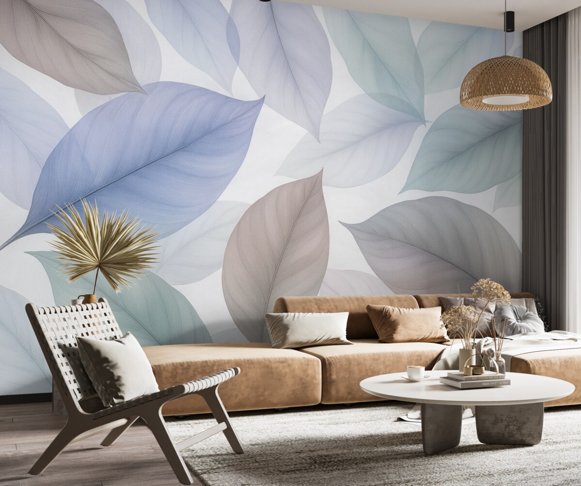 Fototapeta Przezroczyste liście z nerwami w odcieniach błękitu i brązu.